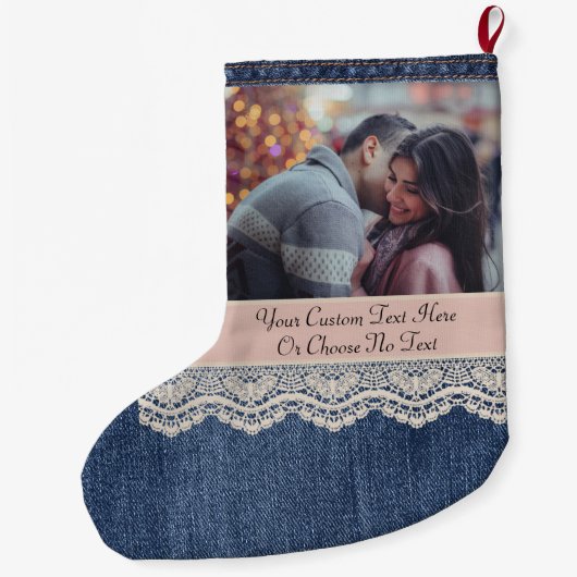 Aangepaste afbeelding/tekst blauwe jans Denim Chic Grote Kerstsok (Achterkant)