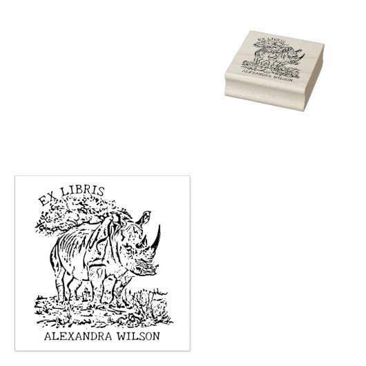Aangepaste Afrikaanse Rhinoceros Ex Libris Bookpla Rubberstempel (Gestempeld)