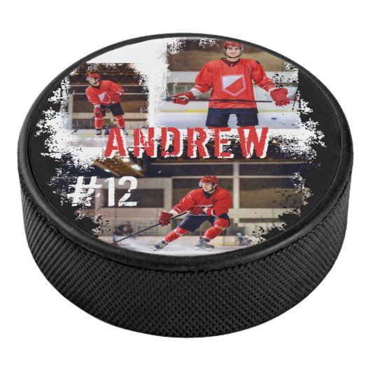 Aangepaste afspeelnaam en nummer 3 Fotocollage Hockey Puck (3/4)