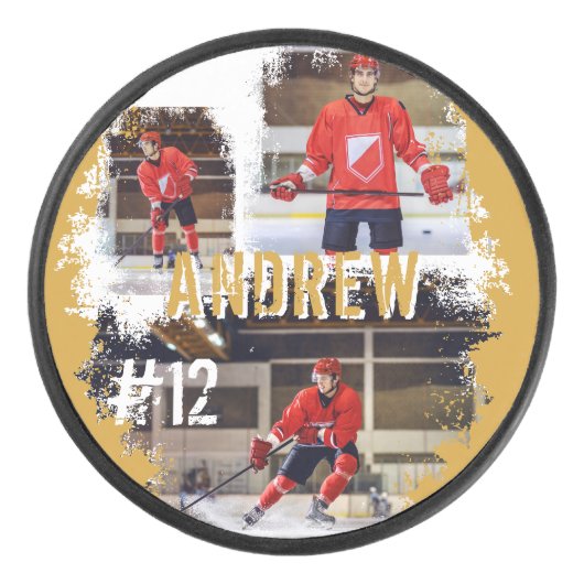 Aangepaste afspeelnaam en nummer 3 Fotocollage Hockey Puck (Voorkant)