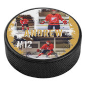 Aangepaste afspeelnaam en nummer 3 Fotocollage Hockey Puck (3/4)