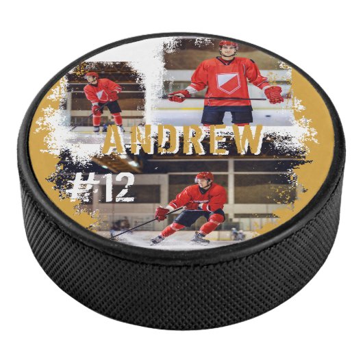 Aangepaste afspeelnaam en nummer 3 Fotocollage Hockey Puck (3/4)