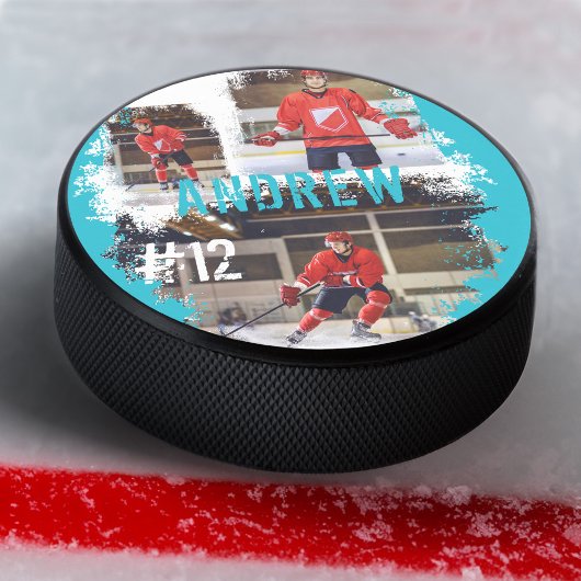 Aangepaste afspeelnaam en nummer 3 Fotocollage Hockey Puck