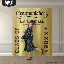 Aangepaste afstudeerfoto-banner, zwart gouden deco wandkleed