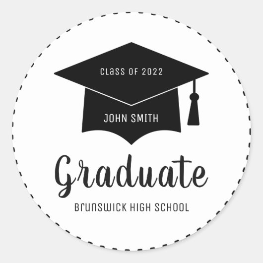 Aangepaste afstudeerhoed Jaar Schoolnaam Zwart Wit Ronde Sticker (Voorkant)