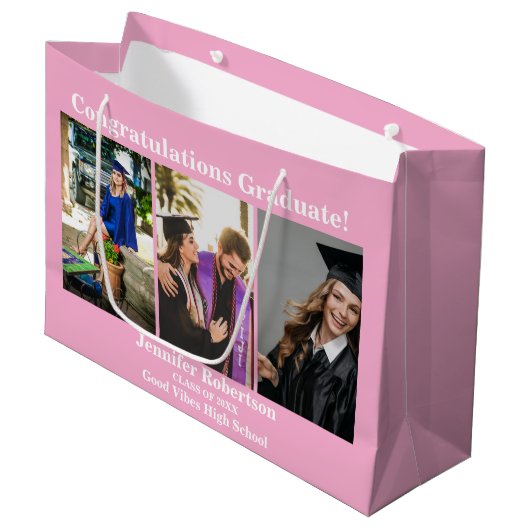 Aangepaste afstudeerklas van fotocollage naam Roze Groot Cadeauzakje (Voorkant Gekanteld)