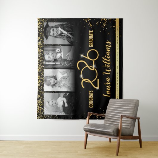 Aangepaste Afstuderen Banner Fotocollage Zwart Gou Wandkleed (In situ)