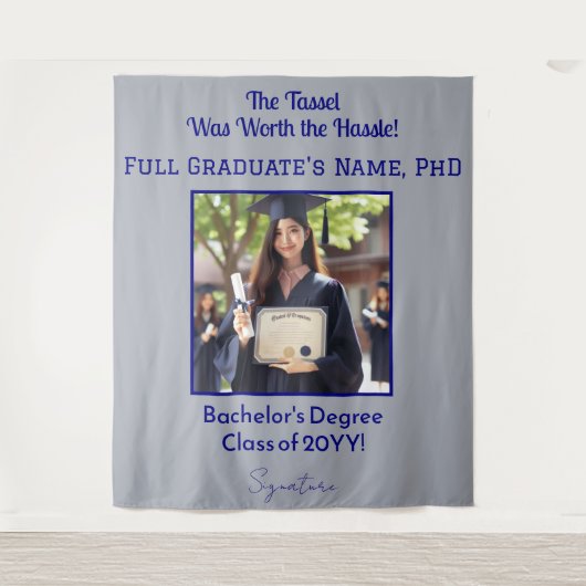 Aangepaste Afstuderen Foto Navy Blue Achtergrond B Wandkleed (Voorkant)