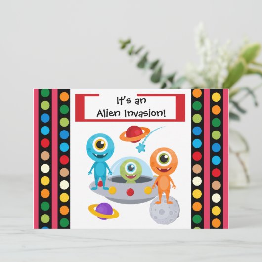Aangepaste Alien Invastion 5x7 uitnodiging op dag (Staand voorkant)