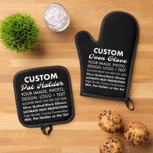 Aangepaste All Black Oven Handschoen & Pot Holder Ovenwant & Pannenlap Set (Top down)