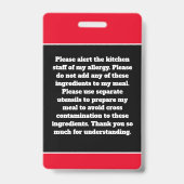 Aangepaste Allergie Alert Chefkaart Badge (Achterkant)