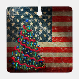Aangepaste Amerikaanse vlag en kerstboom Metalen Ornament