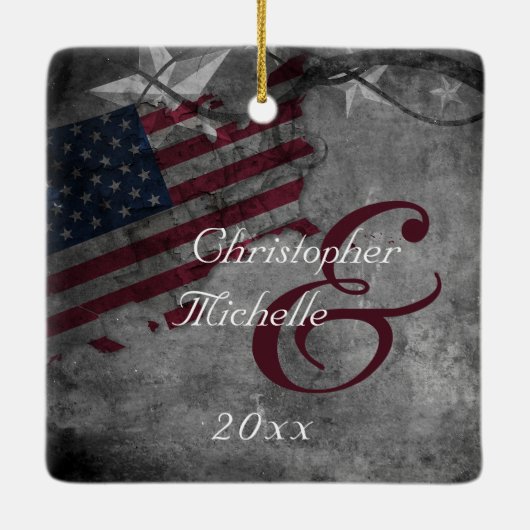 Aangepaste Amerikaanse vlag Onze eerste Kerstmis Keramisch Ornament (Achterkant)