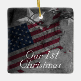 Aangepaste Amerikaanse vlag Onze eerste Kerstmis Keramisch Ornament