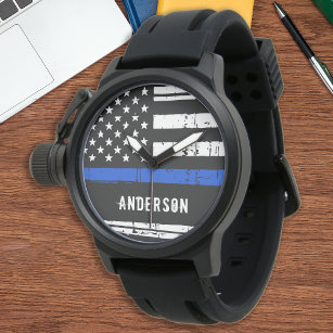 Aangepaste Amerikaanse vlagpolitie met Thin Blue L Horloge
