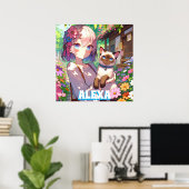 Aangepaste Anime Meisje en Siamese Kat Poster (Thuiskantoor)