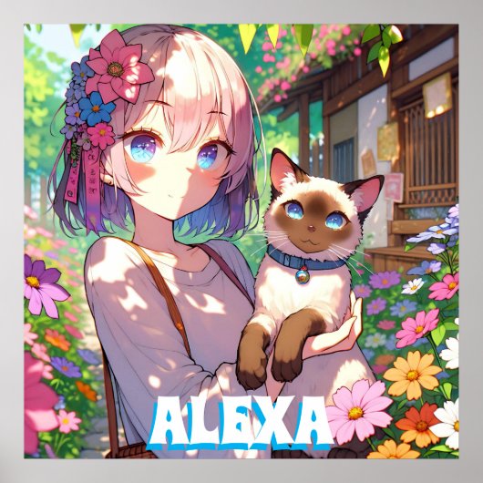 Aangepaste Anime Meisje en Siamese Kat Poster (Voorkant)