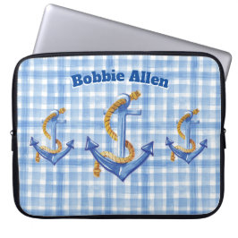 Aangepaste anker en ringblauwe gingham laptop sleeve