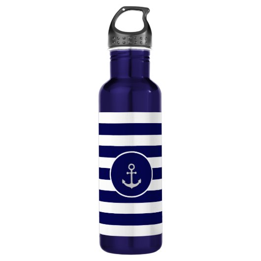 Aangepaste anker op Navy Blue en White Striped Waterfles (Voorkant)