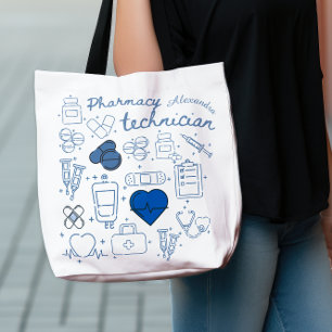 Aangepaste Apotheek Technicus Blue Doodle Line Art Tote Bag