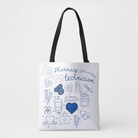 Aangepaste Apotheek Technicus Blue Doodle Line Art Tote Bag (Voorkant)