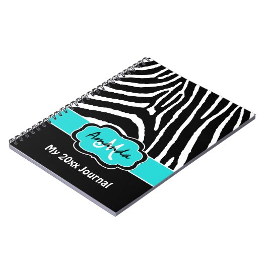 Aangepaste Aqua Black White Zebra Stripe Journal Notitieboek (Linkerzijde)