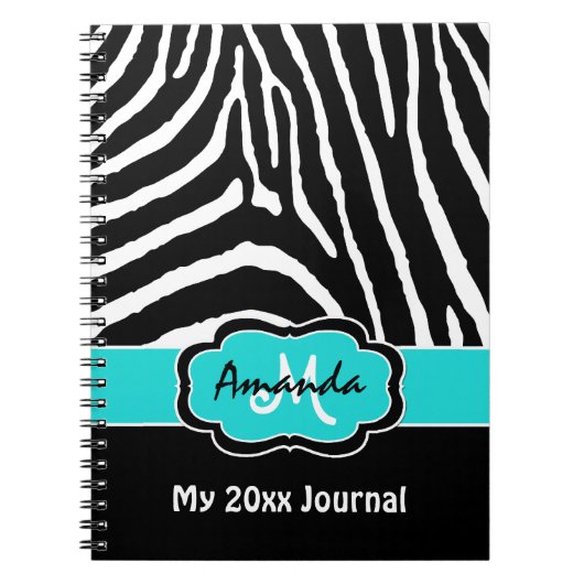 Aangepaste Aqua Black White Zebra Stripe Journal Notitieboek (Voorkant)