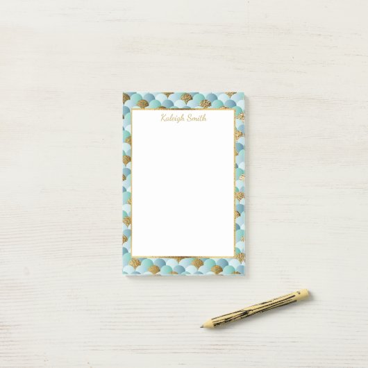 Aangepaste Aqua Blauwgroen Gold Mermaid Scales Post-it® Notes (Op bureau)