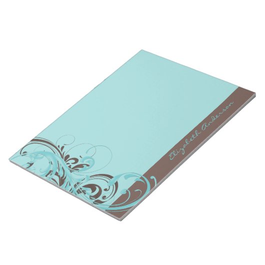 Aangepaste Aqua Blue Brown Floral Large Notitieblok (Schuin)