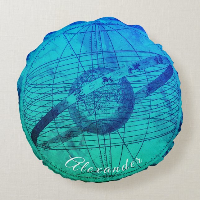 Aangepaste Aqua Blue Celestial Map Nautical Rond Kussen (Achterkant)