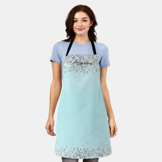 Aangepaste Aqua Blue Glitter Name Kitchen Apron Schort (Gedragen)