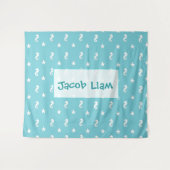 Aangepaste Aqua Blue Seahorse Boys Name Tapestry Wandkleed (Voorkant (horizontaal))