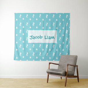 Aangepaste Aqua Blue Seahorse Boys Name Tapestry Wandkleed