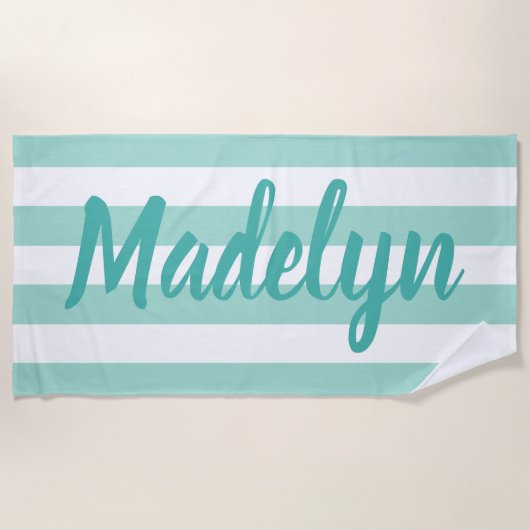 Aangepaste Aqua Blue Striped Script Name Strandlaken (Voorkant)