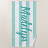 Aangepaste Aqua Blue Striped Script Name Strandlaken (Voorkant)