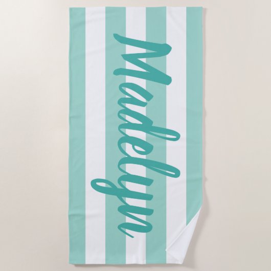 Aangepaste Aqua Blue Striped Script Name Strandlaken (Voorkant)