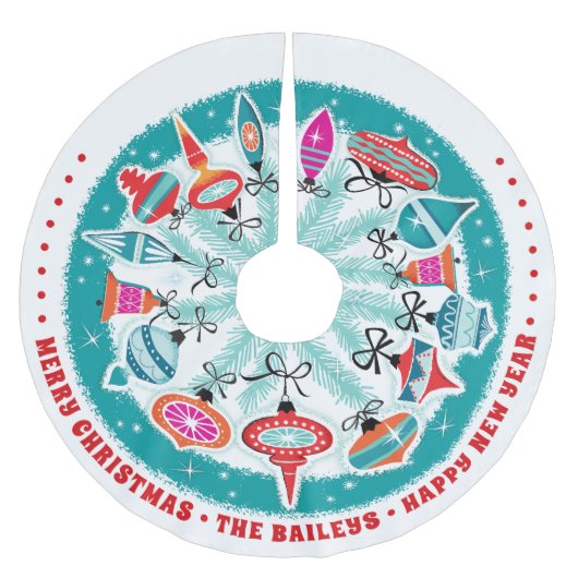 Aangepaste Aqua Border Retro-Ornamenten Kerstboom Rok (Voorkant)