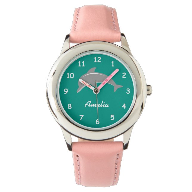 Aangepaste aqua en roze meisjes horloge met schatt (Voorkant)
