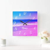 Aangepaste Aqua Pink Ombre Beach Scene Vierkante Klok (Huis)