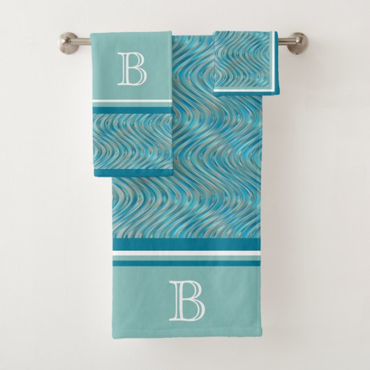 Aangepaste Aqua Turquoise Blue Taupe Curved Lines  Bad Handdoek (Insitu)