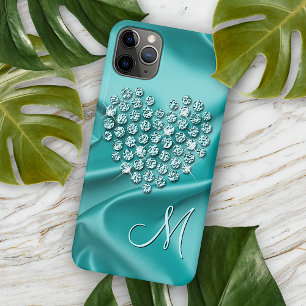 Aangepaste aqua turquoise diamanten liefdeshartpat iPhone 15 mini hoesje