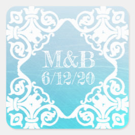 Aangepaste Aqua Weddenschap Datum en Initialen sti Vierkante Sticker