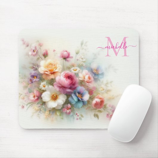 Aangepaste Aquarel Bloemensjabloon Monogram & Naam Muismat (Met muis)