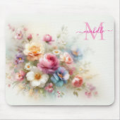 Aangepaste Aquarel Bloemensjabloon Monogram & Naam Muismat (Voorkant)