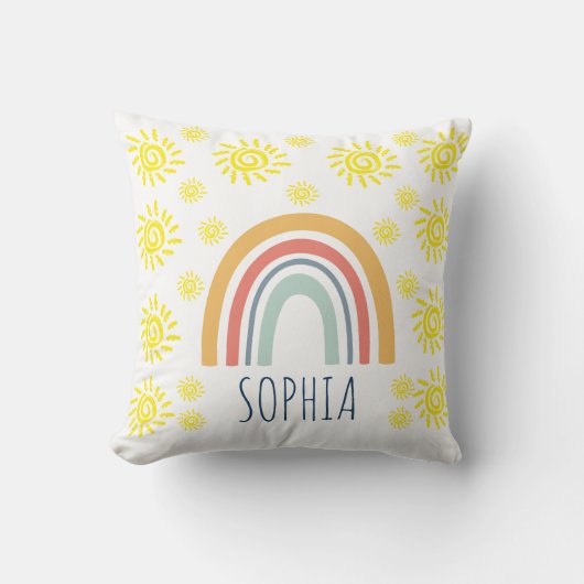 Aangepaste Aquarel Whimsical Boho Regenboog en Zon Kussen (Voorkant)