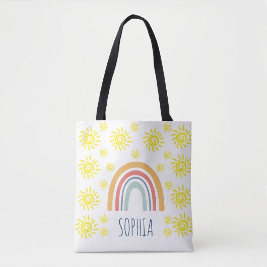 Aangepaste Aquarel Whimsical Boho Regenboog en Zon Tote Bag (Voorkant)