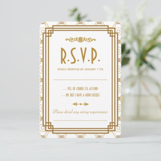Aangepaste Art Deco Witte Bruiloft RSVP Kaarten (Staand voorkant)