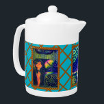 Aangepaste Art Gallery Teapot Theepot<br><div class="desc">Decoratief goudframpaneelontwerp met digitaal verbeterde originele fluorescerende kleurenillustraties geïnspireerd door oude Egeïsche beelden gefotografeerd onder zwart (UV ultraviolet) licht. Pas door getoonde kunst met uw eigen persoonlijke foto's of afbeeldingen te vervangen aan.</div>