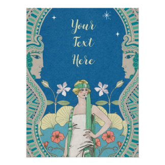 Aangepaste Art Nouveau Vintage Blauwe Dame Arcade Perfect Poster