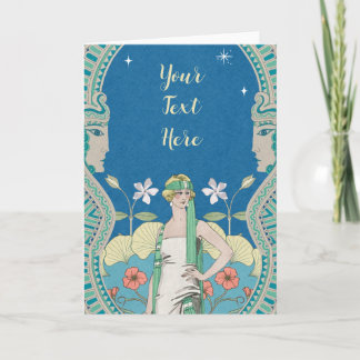 Aangepaste Art Nouveau Vintage Blauwe Dame Poort Kaart